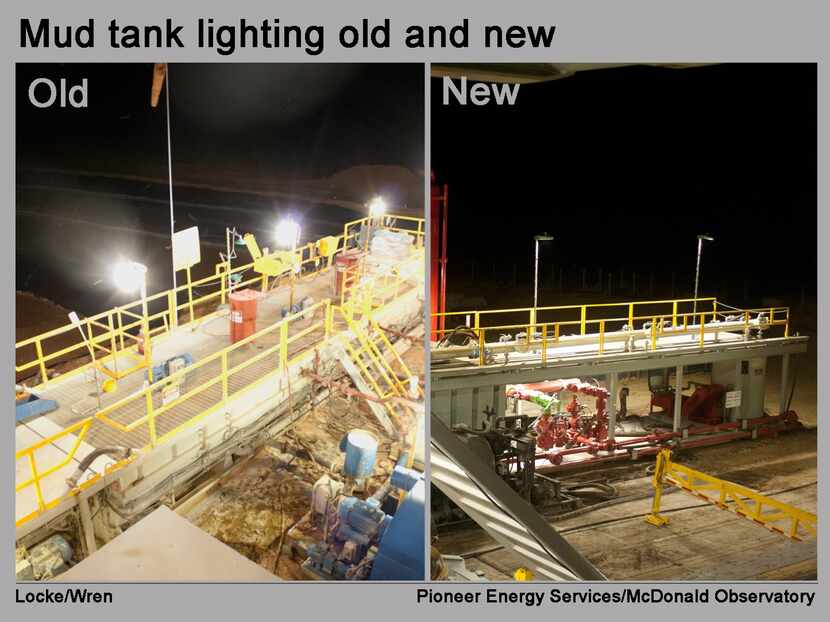 Before and after pictures of Pioneer Energy Services equipment outfitted with dark-skies...