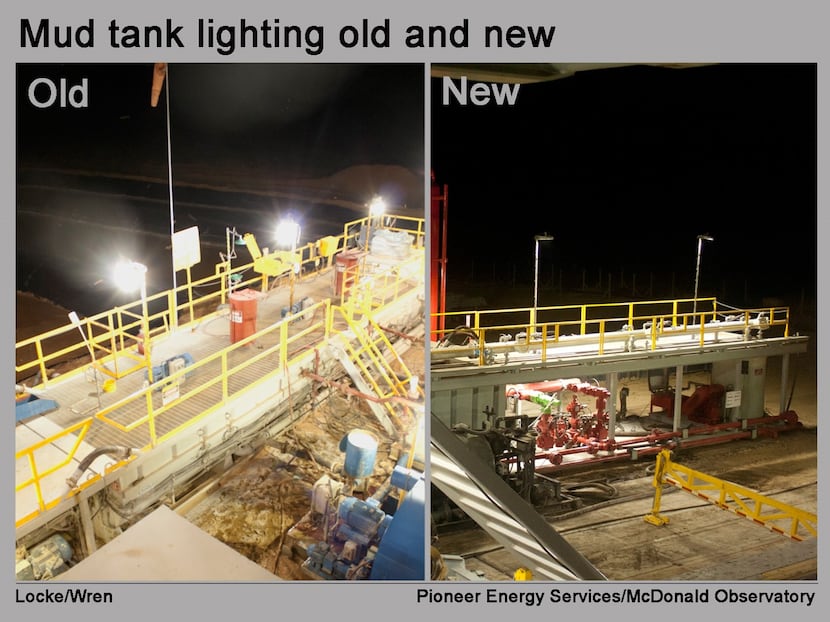 Before and after pictures of Pioneer Energy Services equipment outfitted with dark-skies...