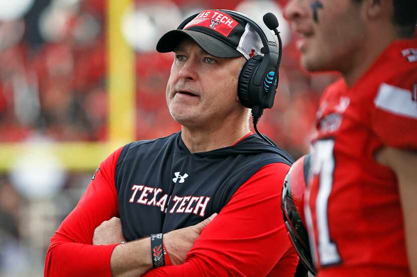 FILE - Texas Tech coach Joey McGuire looks down the sideline during the second half of an...