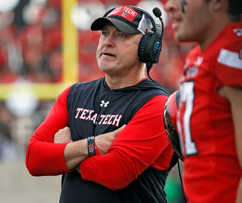 FILE - Texas Tech coach Joey McGuire looks down the sideline during the second half of an...
