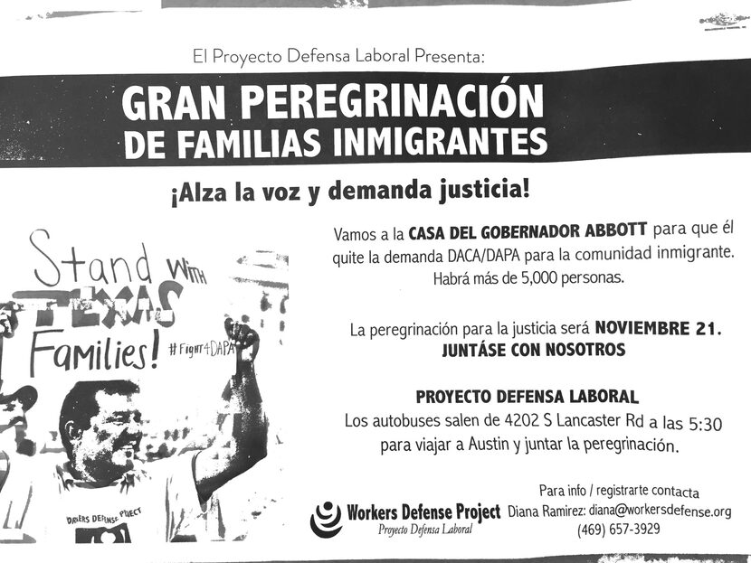 El Proyecto Defensa Laboral está repartiendo volantes invitando a la protesta en Austin.