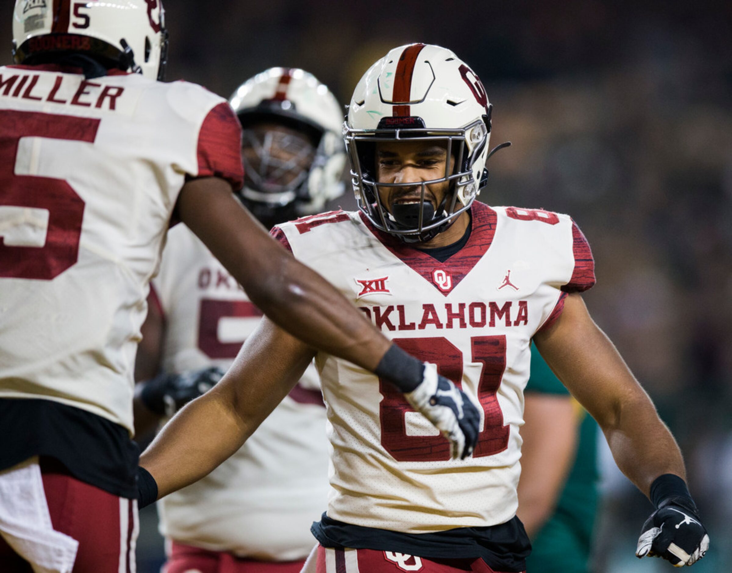 Oklahoma Sooners fullback Brayden Willis (81) celebrates a touchdown that tied the game...