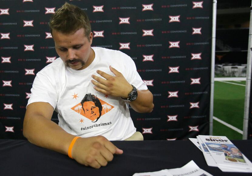 FILE - In this July 18, 2017, file photo, Oklahoma State punter Zach Sinor shows off his...