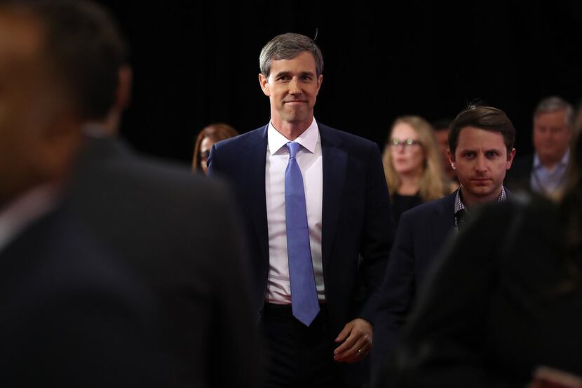 Former Texas Congressman Beto O'Rourke enters the Spin Room after the Democratic...