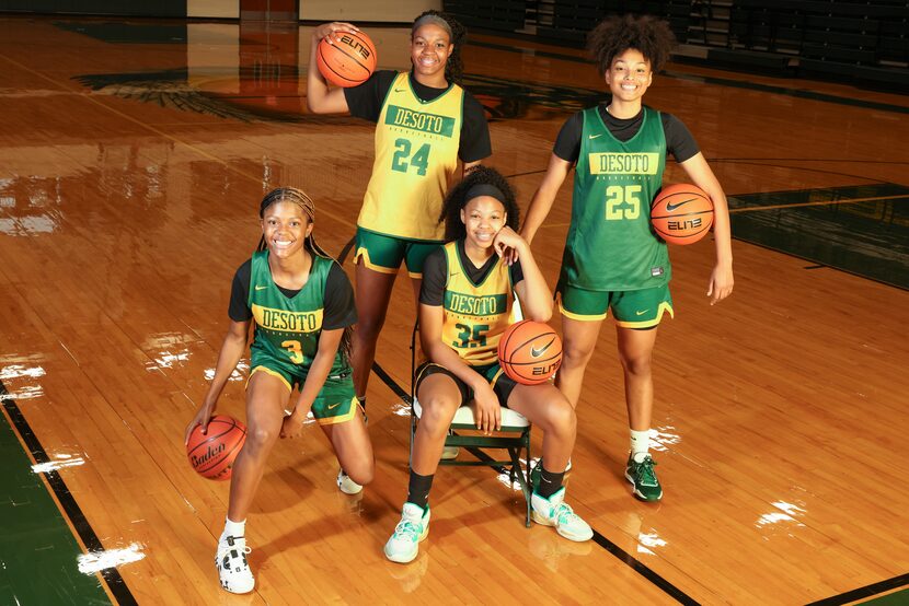 Desoto High School freshman Rieyan DeSouze (3), Amari Byles (24), Kamora Pruitt (35) and...