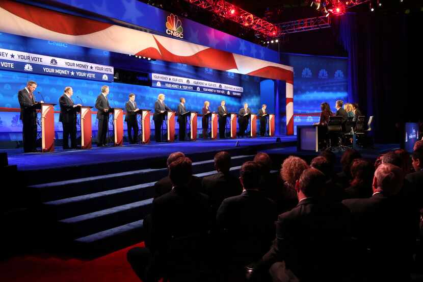 FILE -- The Republican candidates during the debate sponsored by CNBC in Boulder, Colo.,...