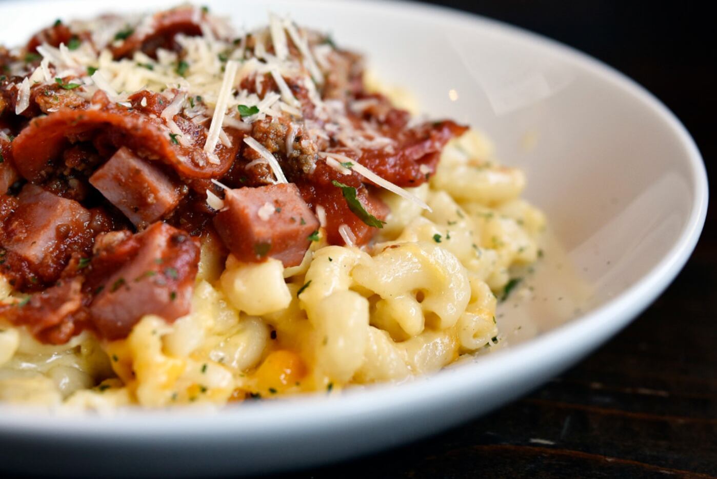 The Meat Lovers mac 'n cheese is loaded with bacon, ham, pepperoni, beef and marinara.