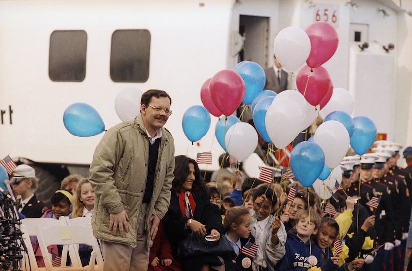 FILE - Former hostage Terry Anderson, accompanied by his daughter Sulome, not shown, and her...