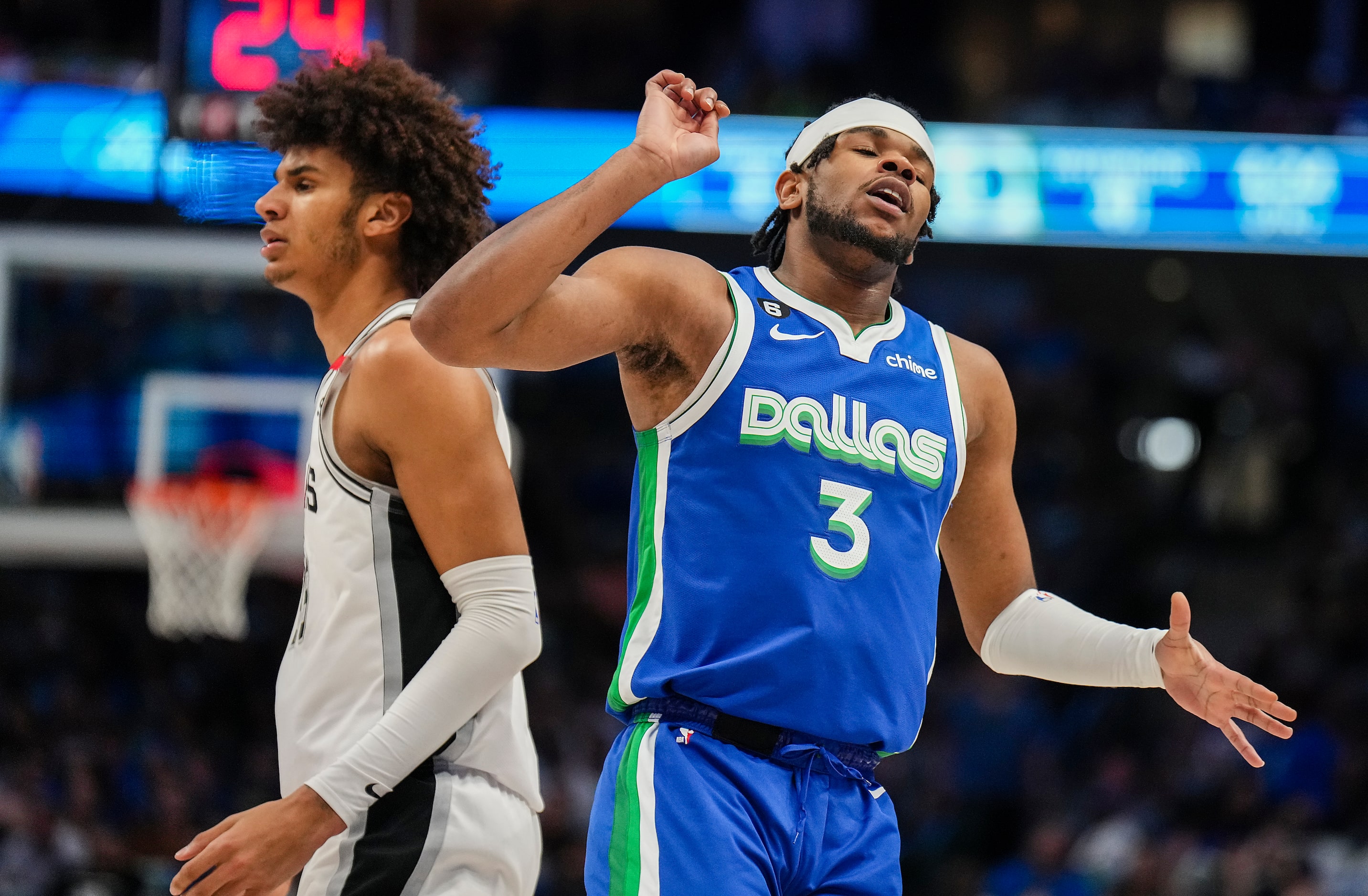 Dallas Mavericks guard Jaden Hardy (3) reacts after missing a shot during the first half of...