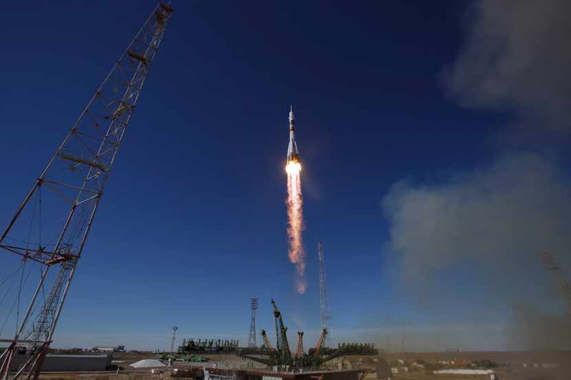 The Soyuz MS-10 spacecraft is launched with Expedition 57 Flight Engineer Nick Hague of NASA...