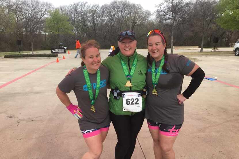 From l-r, Erin Jett, Gretchen Allen and Linda McClinchie at the finish line of last month's...