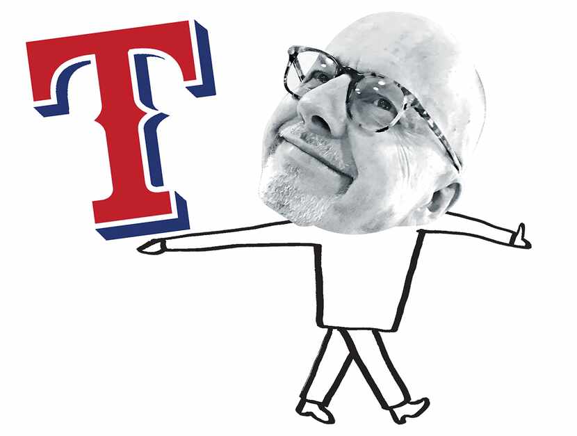 An illustration of columnist Kevin Sherrington holding the logo of the Texas Rangers, a team...