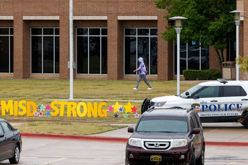 A yard sign greets students outside of Timberview High School on Tuesday, Oct. 12, 2021, in...