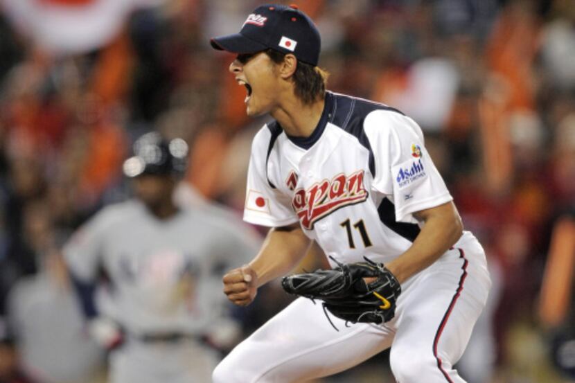 Yu Darvish, reacting to a game-ending strikeout in a World Baseball Classic game at Dodger...