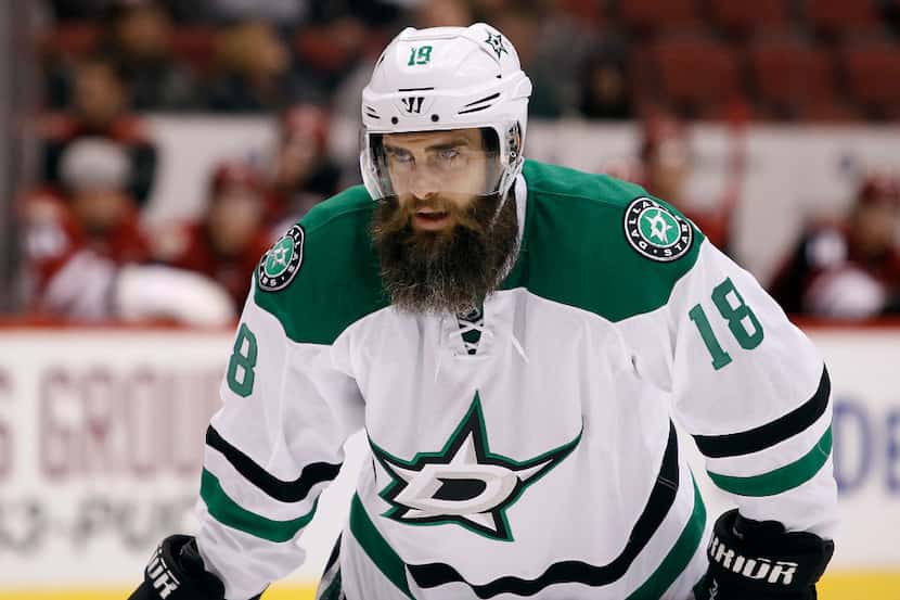 Dallas Stars' Patrick Eaves positions himself for a faceoff during the first period of an...