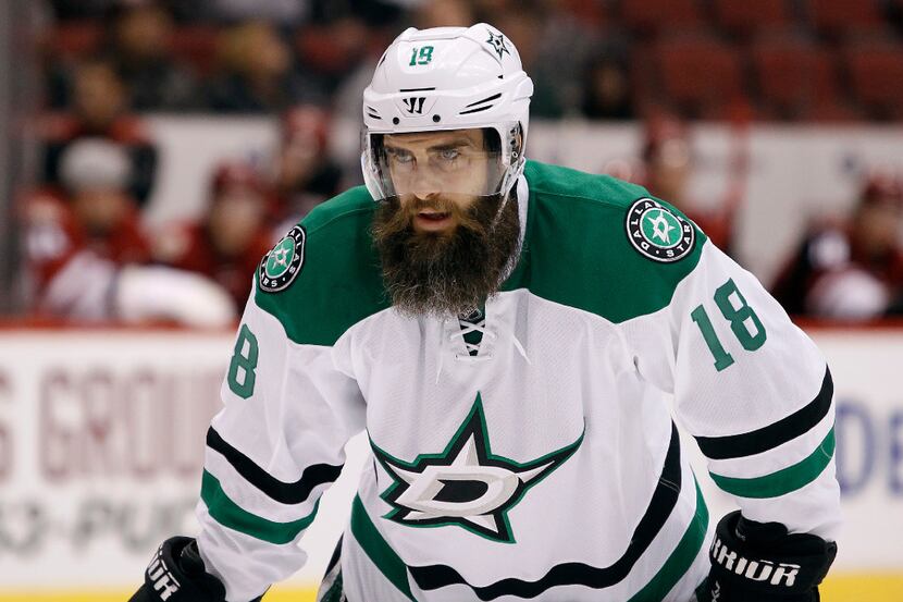Dallas Stars' Patrick Eaves positions himself for a faceoff during the first period of an...