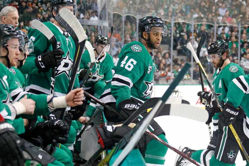 Dallas Stars center Gemel Smith (46) heads to the ice off the bench during the Anaheim Ducks...