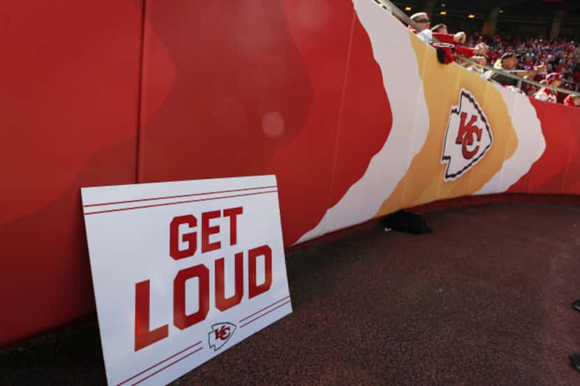 A sign encouraging Kansas City Chiefs fans to make noise during an NFL football game against...