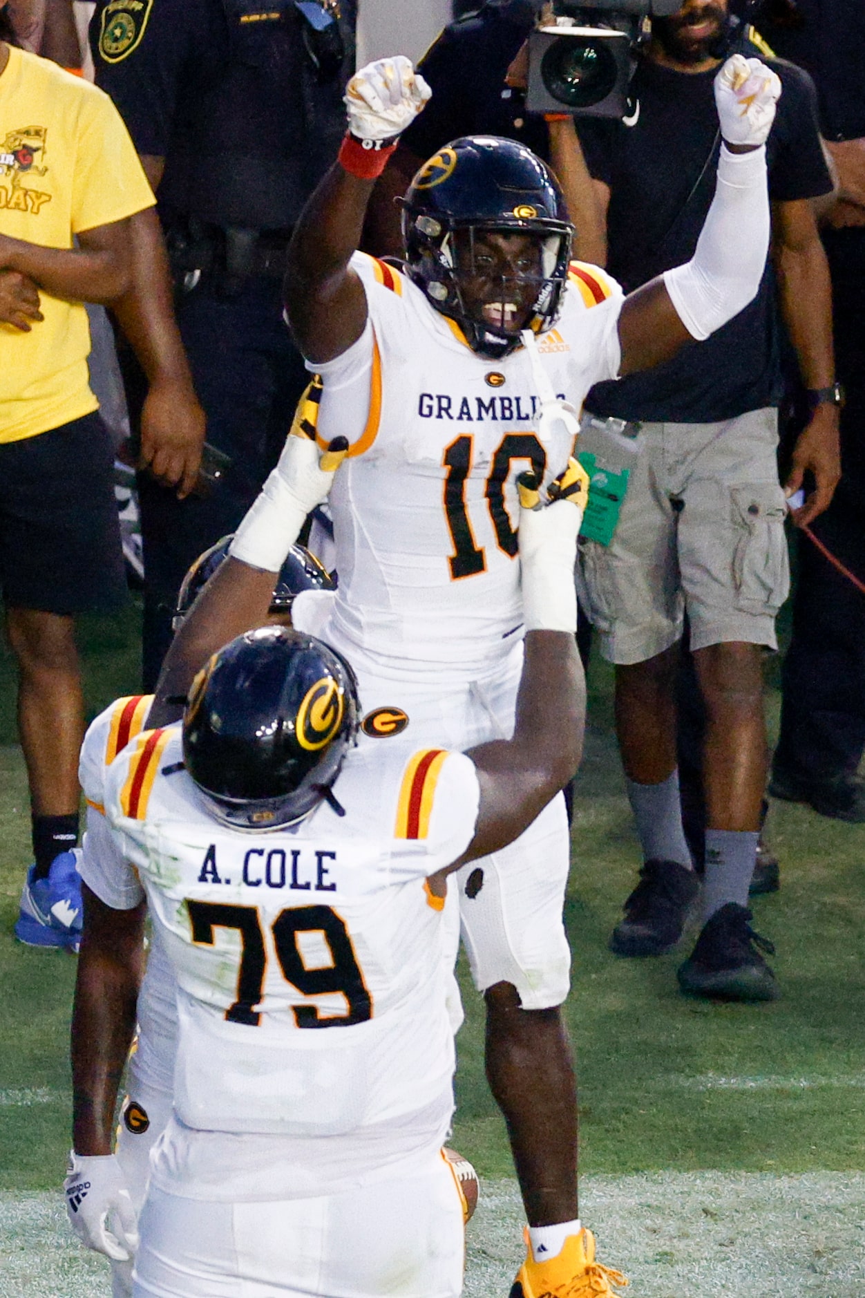 Grambling State wide receiver Lyndon Rash (10) celebrates his touchdown with offensive...