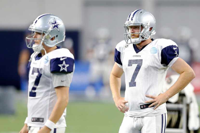 Dallas Cowboys quarterback Cooper Rush (7) and Dallas Cowboys quarterback Kellen Moore (17)...
