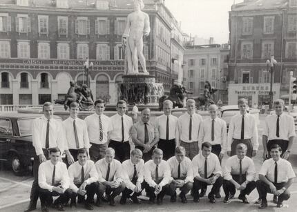 1967 - Members of the Dallas Tornado professional soccer team shown in Nice, France during...
