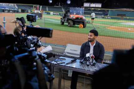 Marcus Semien, the Rangers' All-Star second baseman, spoke during a news conference...