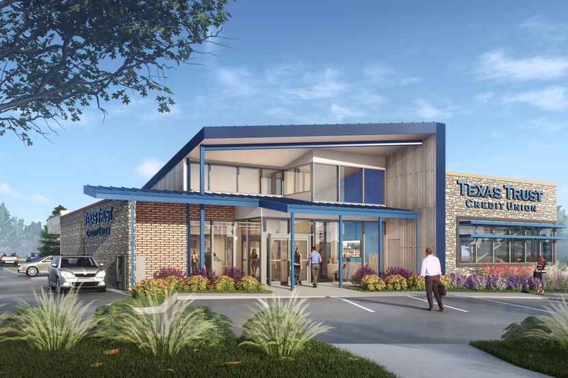 A rendering of the new Texas Trust Credit Union Grand Prairie branch.