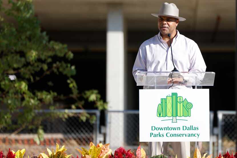 Dallas Mayor Eric Johnson speaks during the opening ceremony of Harwood Park, on Saturday,...