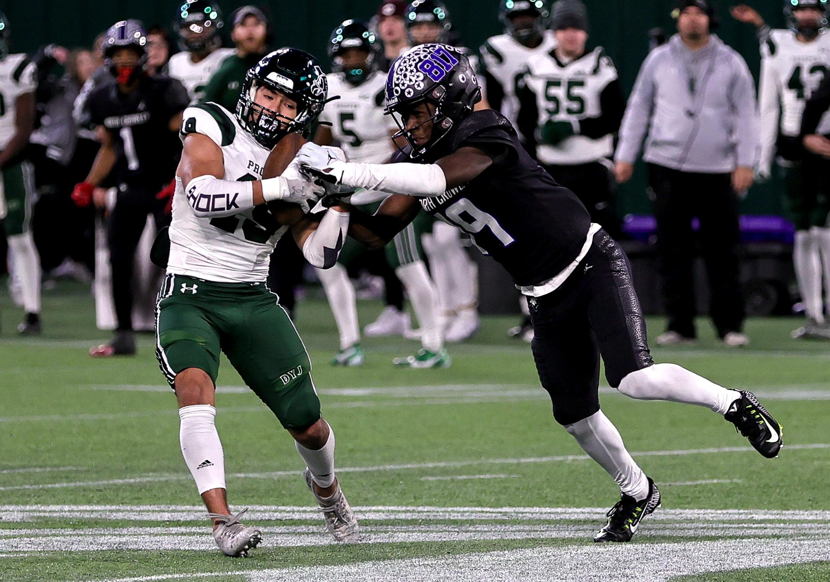 Prosper defensive back Bo Mongaras (19) tries to come up with an interception against North...