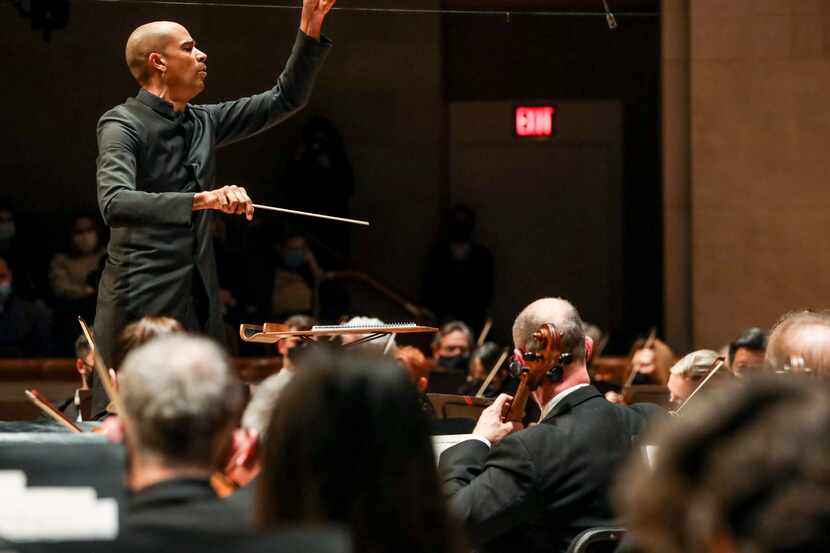 Guest conductor Kevin John Edusei leads the Dallas Symphony Orchestra at the Meyerson...
