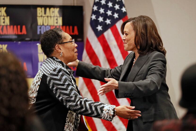 Sen. Kamala Harris is welcomed by U.S. Rep. Marci Fudge, left, as she headlined a Black...