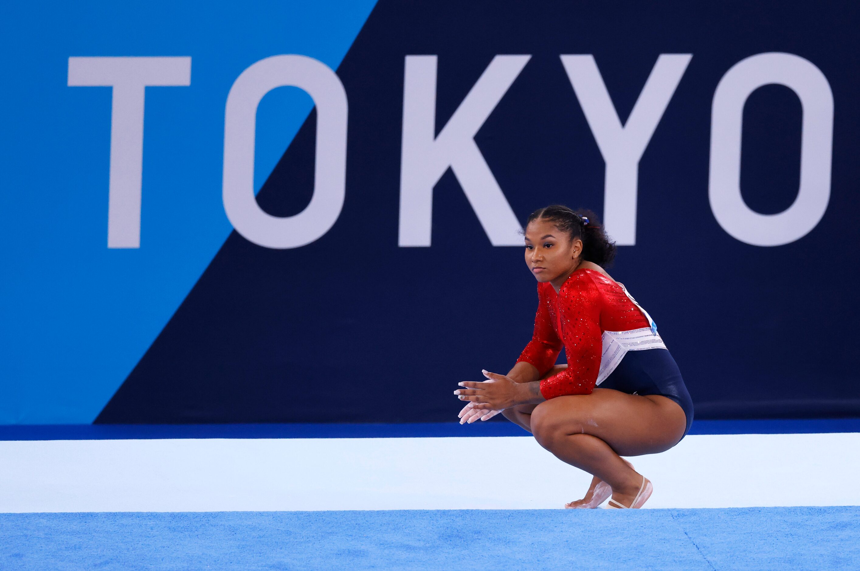 USA’s Jordan Chiles waits to compete on the floor during the artistic gymnastics women’s...