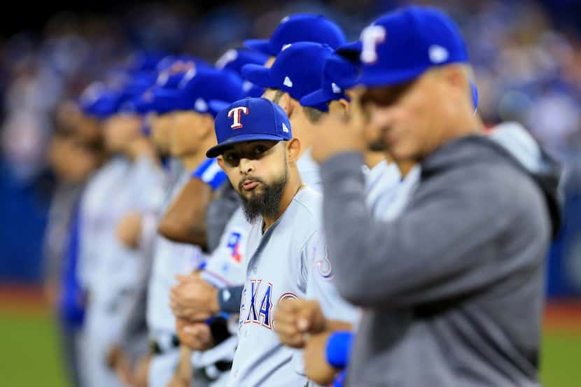 TORONTO, ON - OCTOBER 9: Rougned Odor #12 of the Texas Rangers looks on during player...