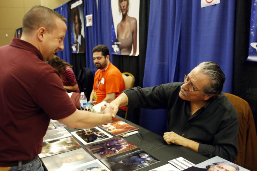 Derek Williams shook hands with "Battlestar Galactica" star Edward James Olmos on Sunday at...