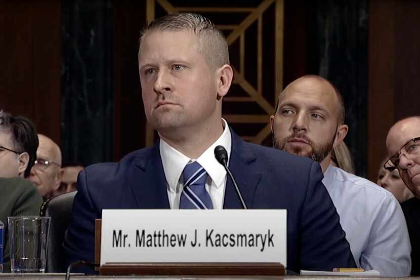 In this image from video from the Senate Judiciary Committee, Matthew Kacsmaryk listens...