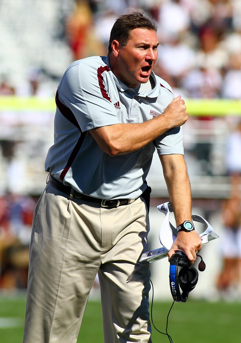 Nov 03, 2012; Starkville, MS, USA;  Mississippi State Bulldogs head coach Dan Mullen reacts...