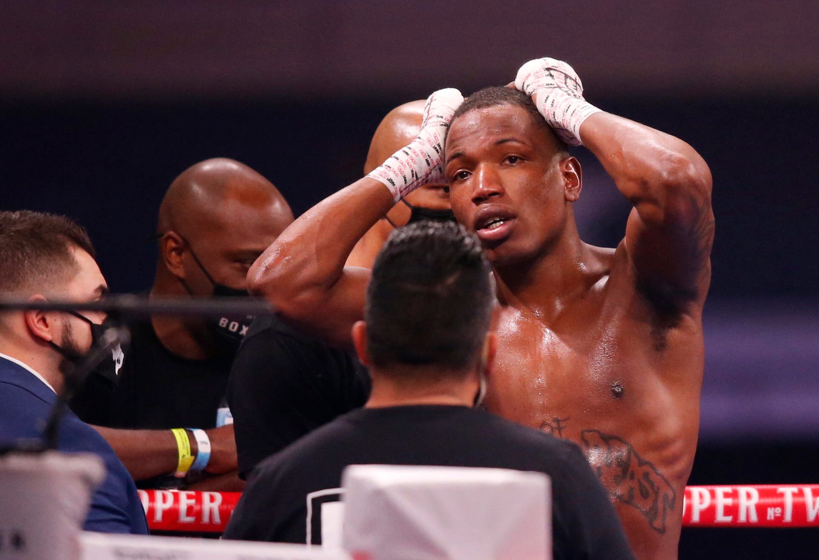 Burley Brooks reacts after hearing the scorecard from the judges that he lost the fight to...