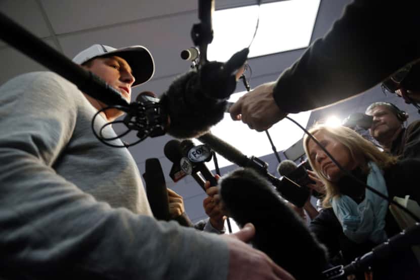Dallas Cowboys Jason Witten talks to the media at the Dallas Cowboys locker room at Cowboys...