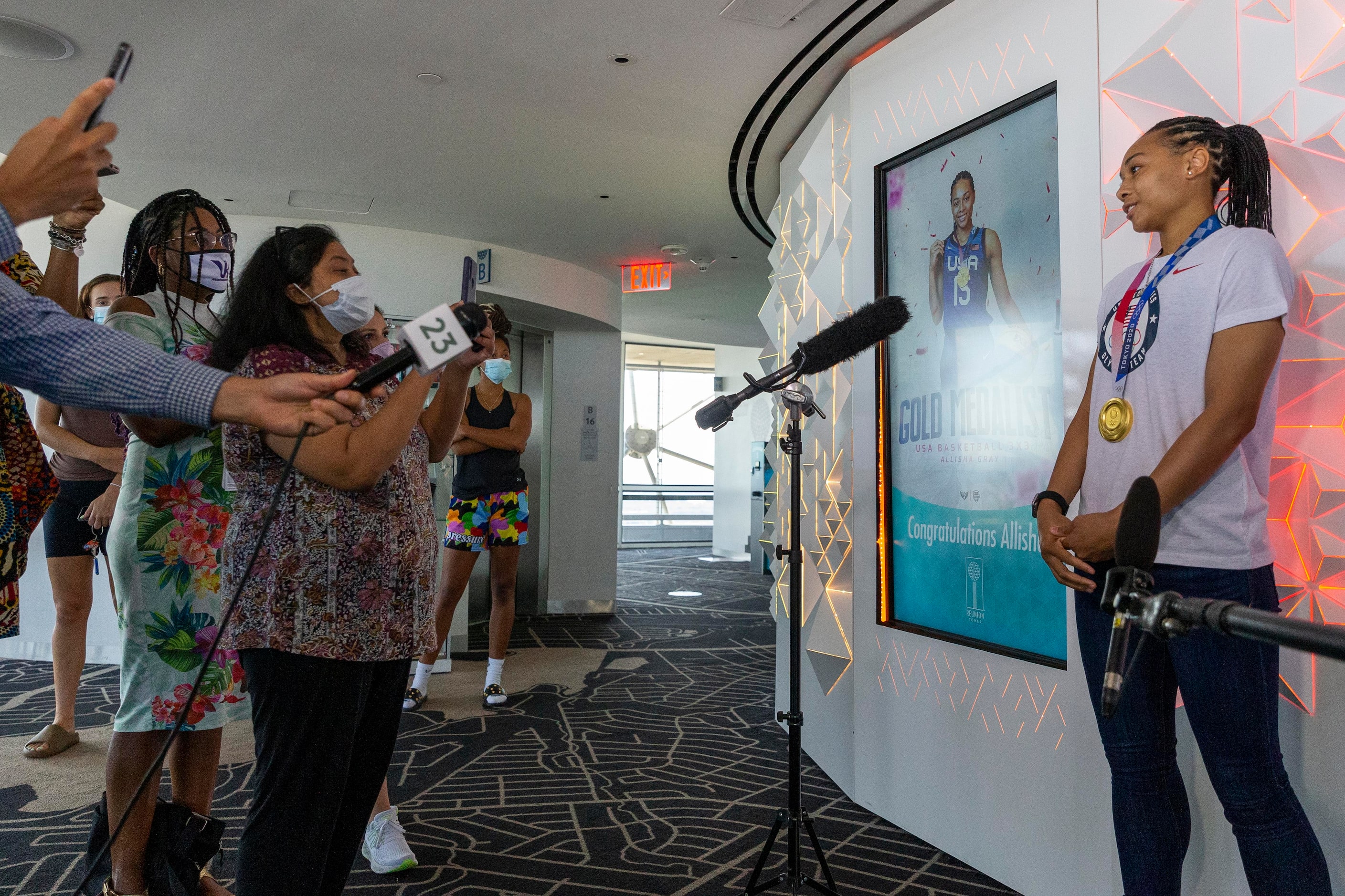 Allisha Gray, Olympic gold medalist and Dallas Wings guard, speaks during a welcome-home...