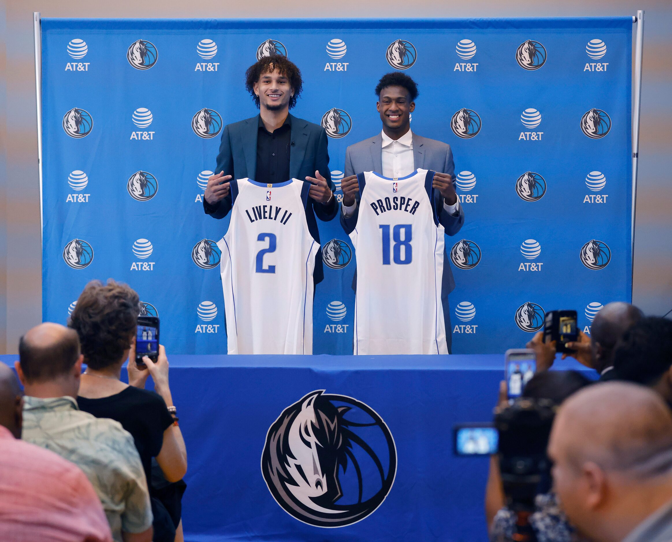 Newly drafted Dallas Mavericks players Dereck Lively II of Duke and Olivier-Maxence Prosper...