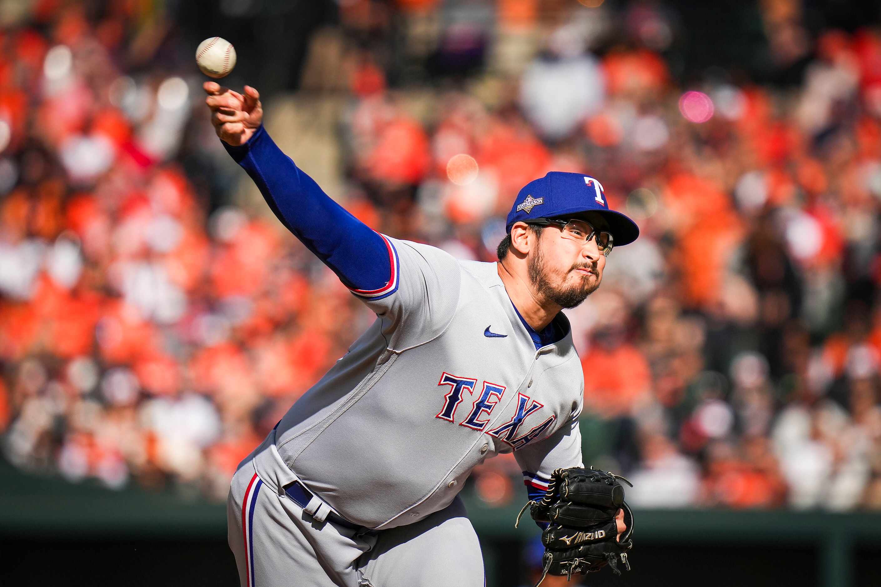 Texas Rangers pitcher Dane Dunning delivers during the fifth inning in Game 1 of an American...