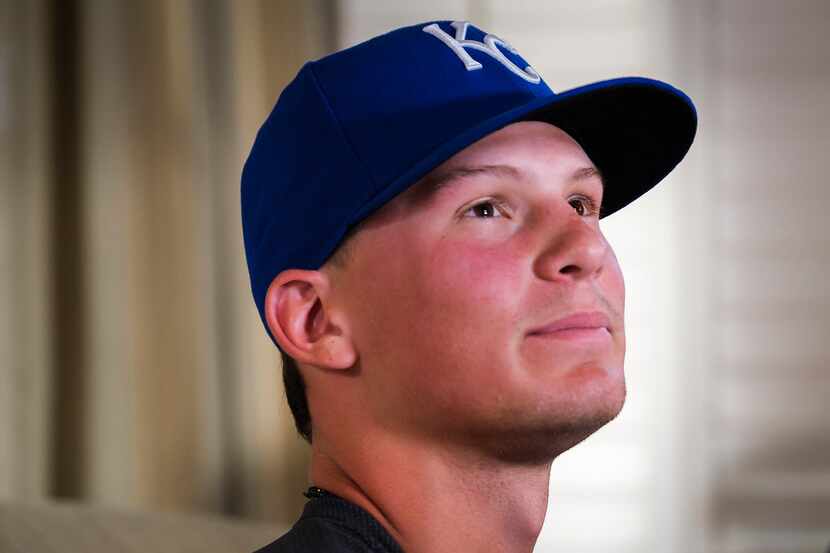 Bobby Witt Jr. wears a Kansas City Royals hat as he is interviewd during a Major League...