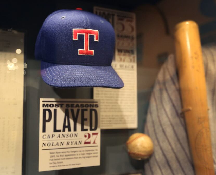 A hat worn by Texas Rangers pitcher Nolan Ryan is displayed at the Baseball Hall of Fame in...