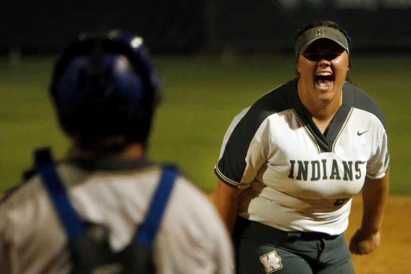 Keller pitcher Dylann Kaderka (22) lets out a yell following the last out of their 3-1...