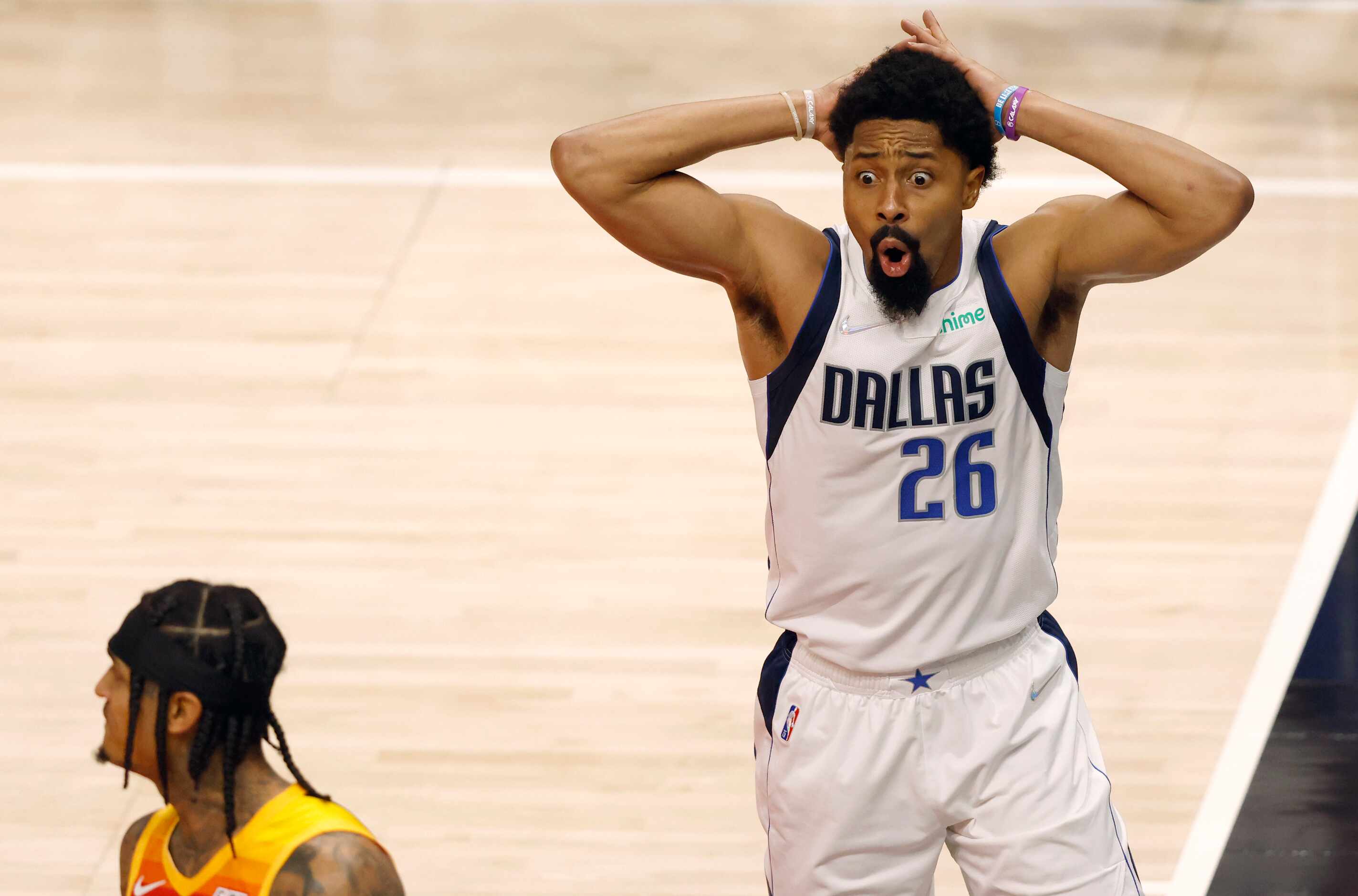 Dallas Mavericks guard Spencer Dinwiddie (26) reacts after getting called for a foul against...