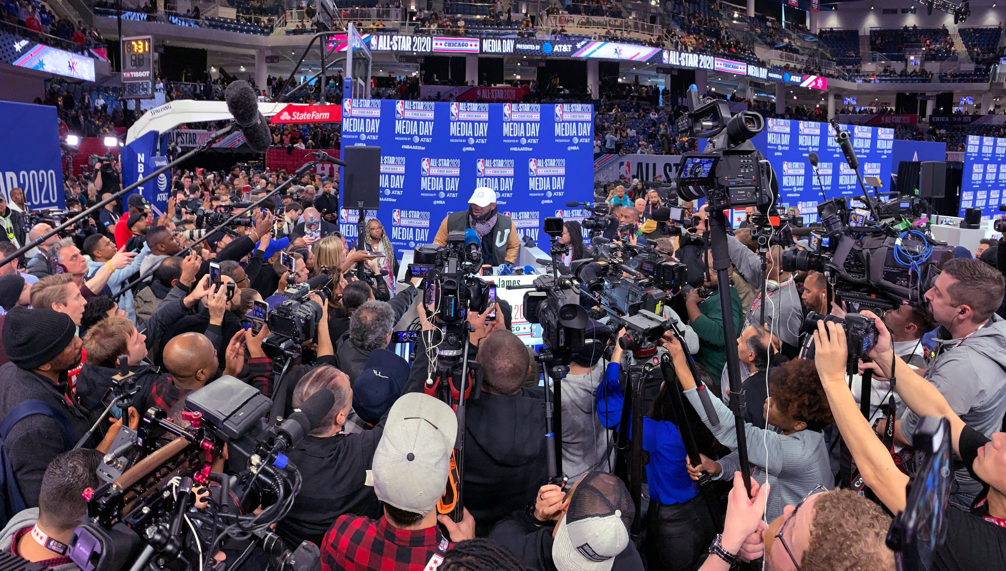 Team LeBron's Los Angeles Lakers LeBron James (2)  answers questions from the media during...