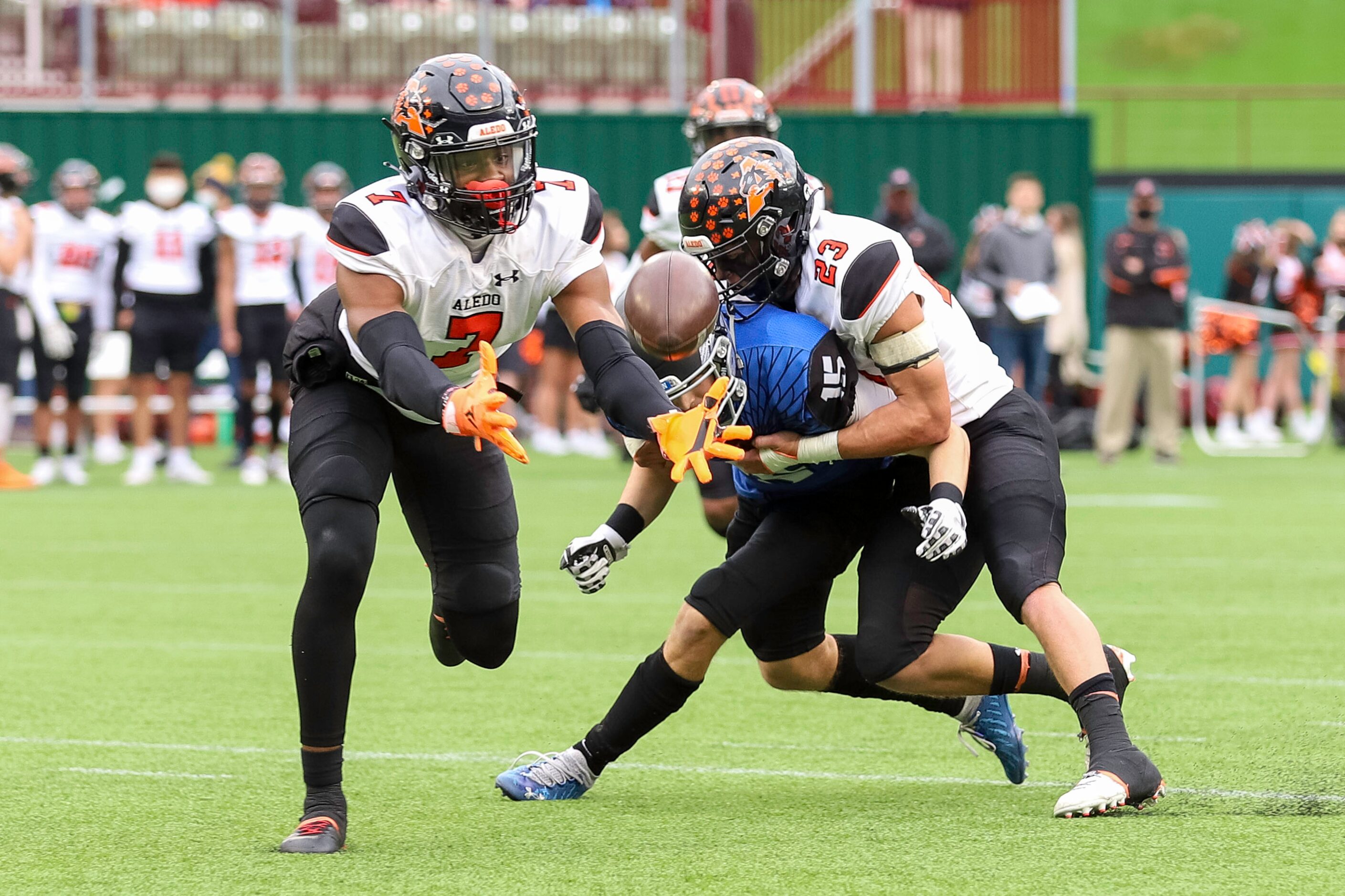 Aledo safety Bryan Allen (7) intercepts a pass intended for  North Forney wide receiver...