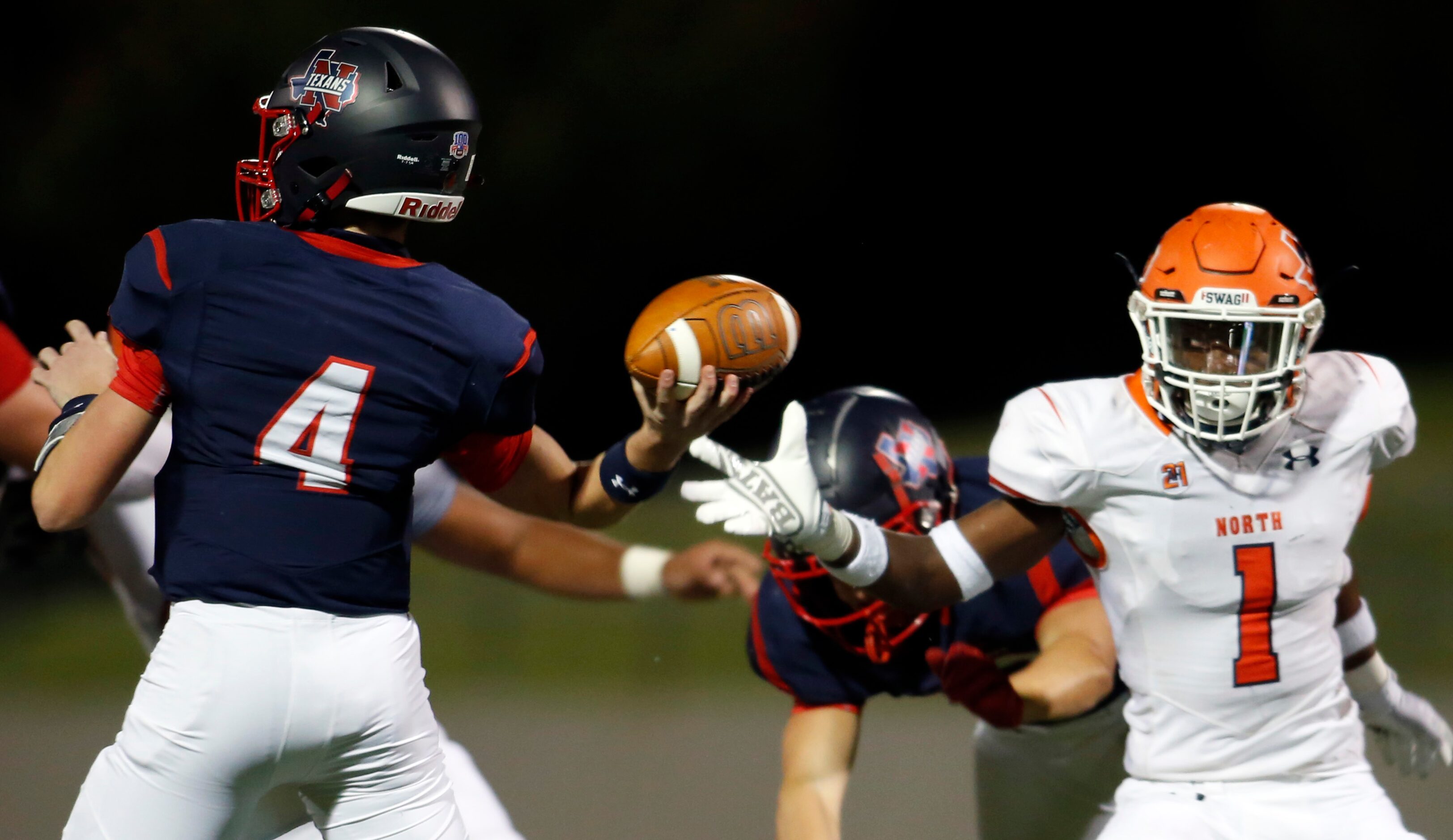 McKinney North defensive back Marquise Alexander (1) missed by an eyelash deflecting a pass...