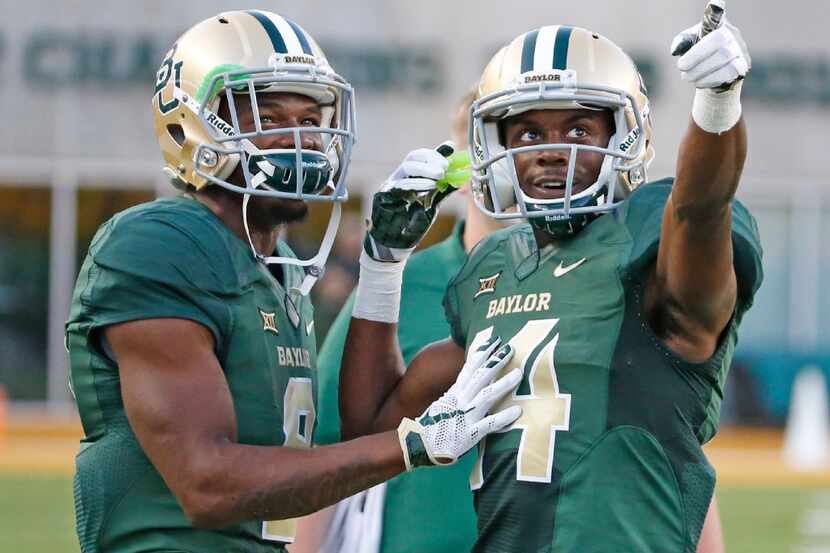 Baylor wide receiver KD Cannon (9) and wide receiver Chris Platt (14) are pictured during...