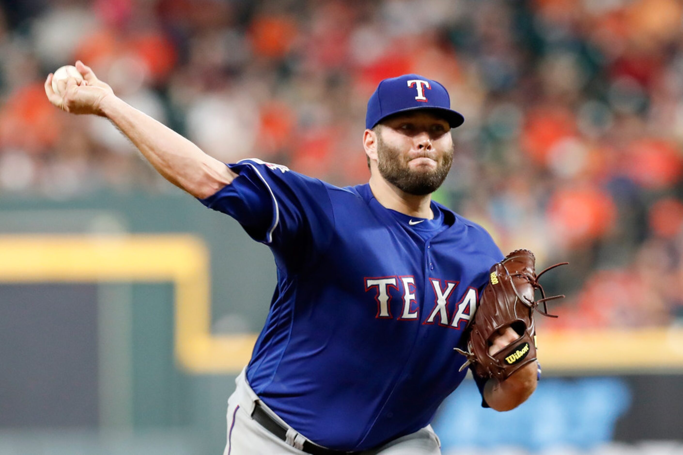 HOUSTON, TX - MAY 10:  Lance Lynn #35 of the Texas Rangers pitches in the second inning...